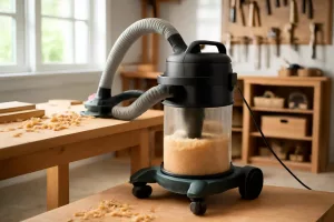 Portable dust extractor collecting dust from a power tool in a home workshop