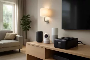 Uninterruptible power supply connected to smart home devices in a modern living room