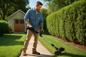 Person using a cordless electric string trimmer in a small suburban yard