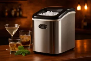 Portable ice maker on a home bar countertop with ice cubes and cocktail glasses