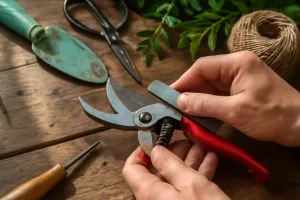 Close-up of garden pruning shears being cleaned and sharpened on a wooden workbench