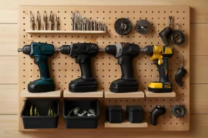 DIY wall-mounted power tool accessory organizer in a home workshop