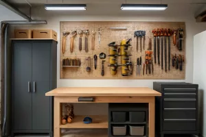 Organized home workshop with essential tools and storage solutions