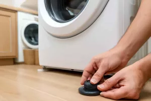 Hands installing anti-vibration pads under a noisy washing machine in a modern laundry room