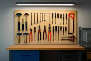 Custom wooden tool shadow board mounted on a workshop wall with outlined hand tools.