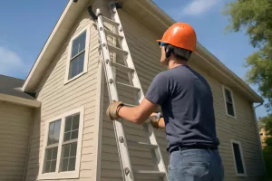 Homeowner setting up an extension ladder safely against a two-story house