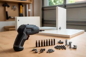 Cordless power screwdriver set with bits and furniture hardware on a home workshop bench