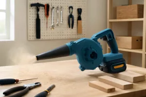 Cordless shop blower clearing sawdust from a garage workbench in a home workshop