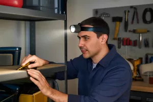 Homeowner using a rechargeable headlamp in a garage for DIY repairs