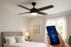Smart ceiling fan in a modern bedroom with app-based control