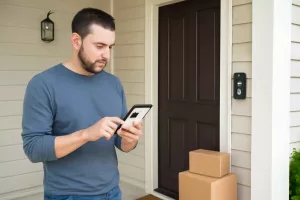 Homeowner comparing smart doorbell camera options for package alerts and front-door security