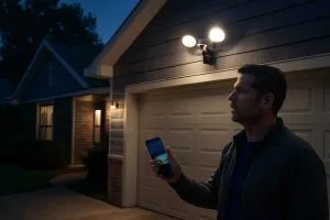 Homeowner comparing a smart floodlight camera for driveway and porch security at dusk