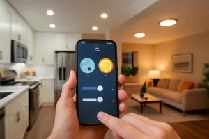 Homeowner comparing smart recessed lighting options for a kitchen and living room using a phone app