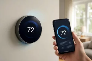 Smart thermostat installed on an interior wall for home energy savings and comfort control